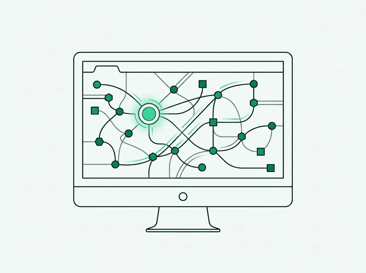 Line illustration of a scanning lens tracing active web connections and dynamic research nodes.