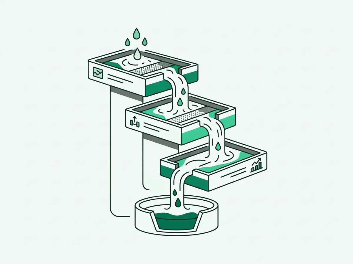 Minimalist line art depicting a tiered waterfall cascade filtering streams through multiple sequential steps.