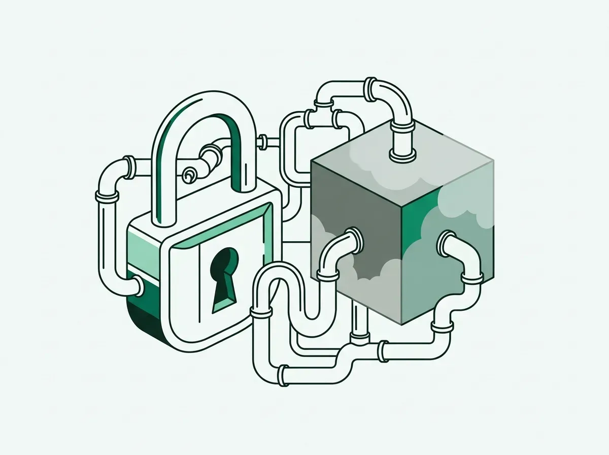 Line art of a heavy padlock and pipes leading to an opaque cube.