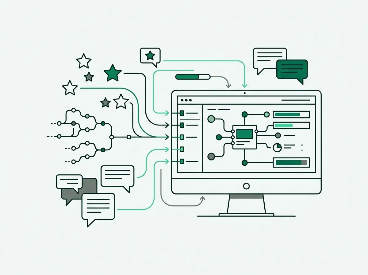 Minimal line art showing community icons and code branches connecting to a central display.