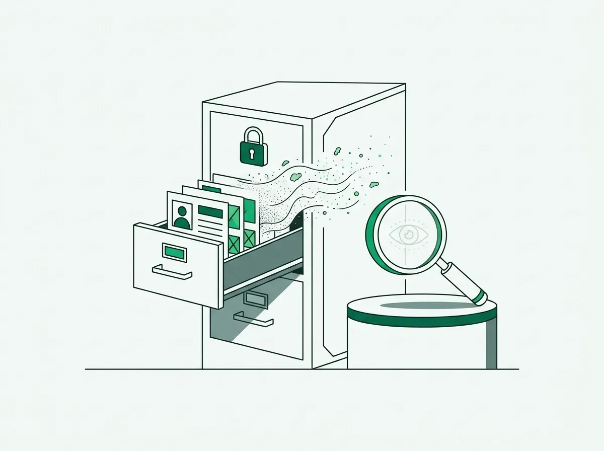 Minimal line illustration of a locked filing cabinet with disintegrating paper records and a magnifying glass.