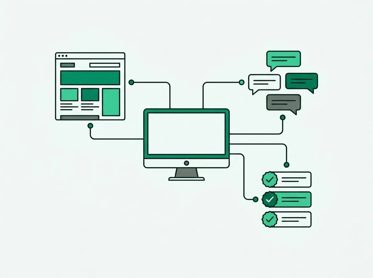 Minimalist line art depicting a computer screen connected by lines to live web pages and verified signal nodes.