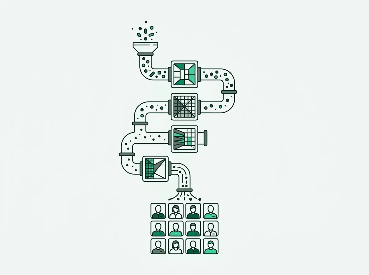 Flat line art showing a waterfall enrichment pipeline filtering data points into organized contact cards.