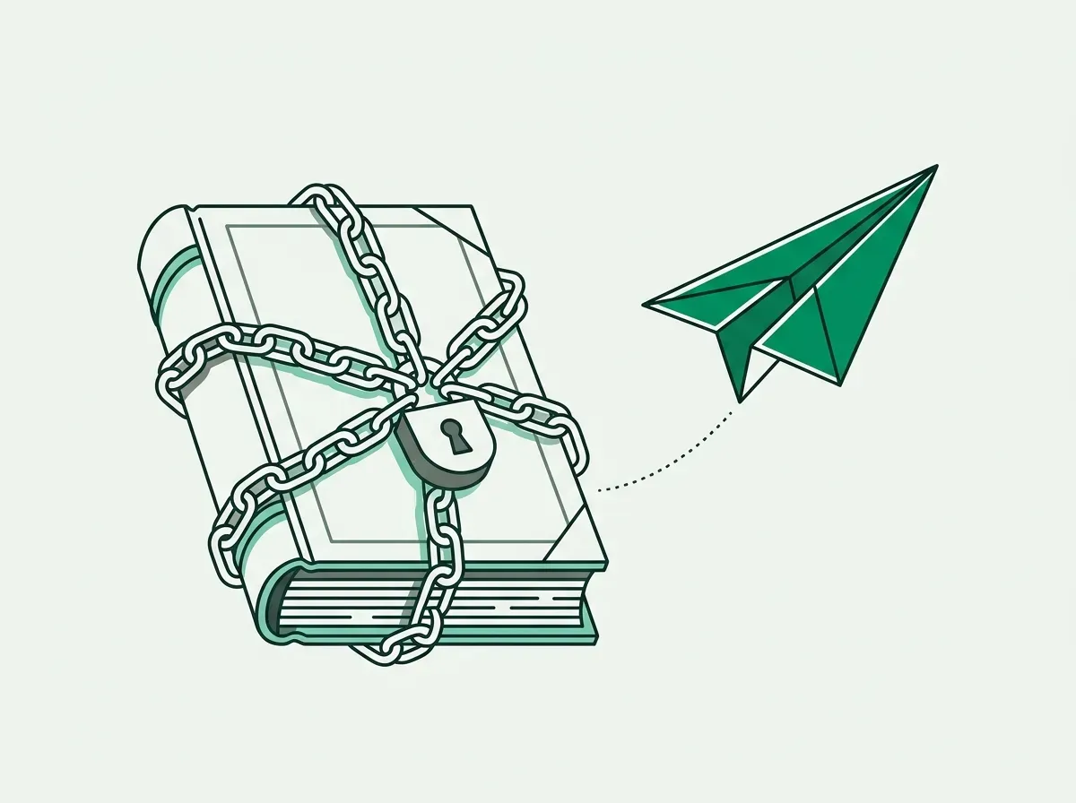 Minimal line art illustration of a heavy padlocked ledger contrasting with an agile paper airplane.