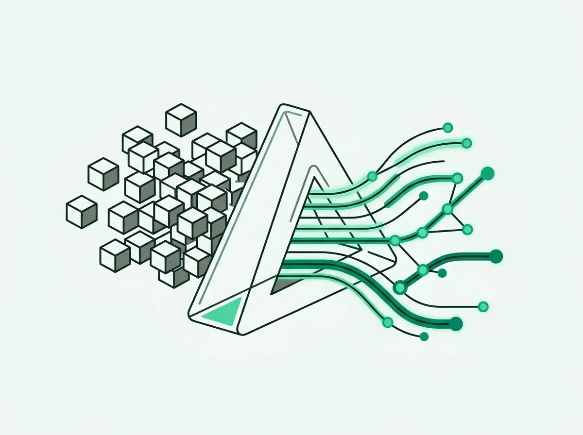 Minimal line art of a geometric filter separating static blocks into dynamic connected signal streams.