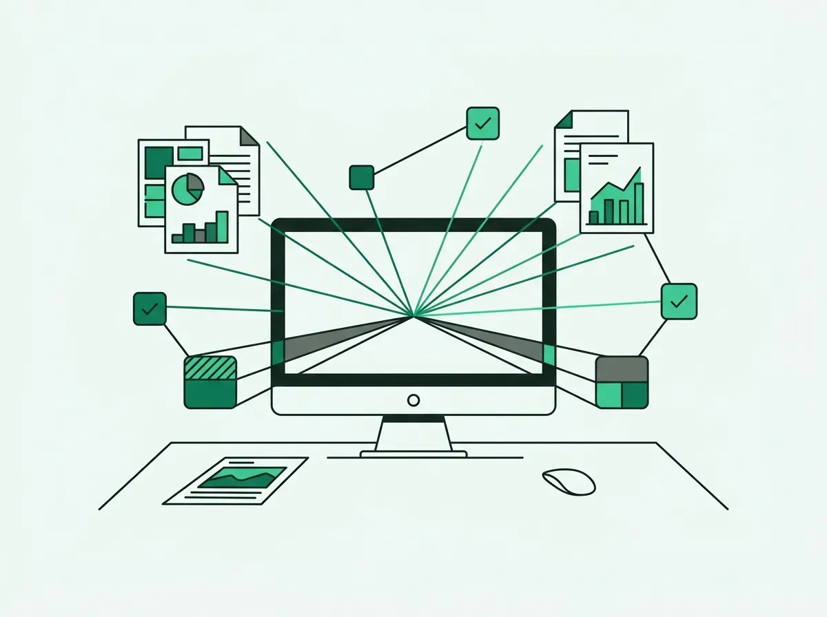 Minimal line art of a desktop computer linking directly to verified digital source cards and nodes.