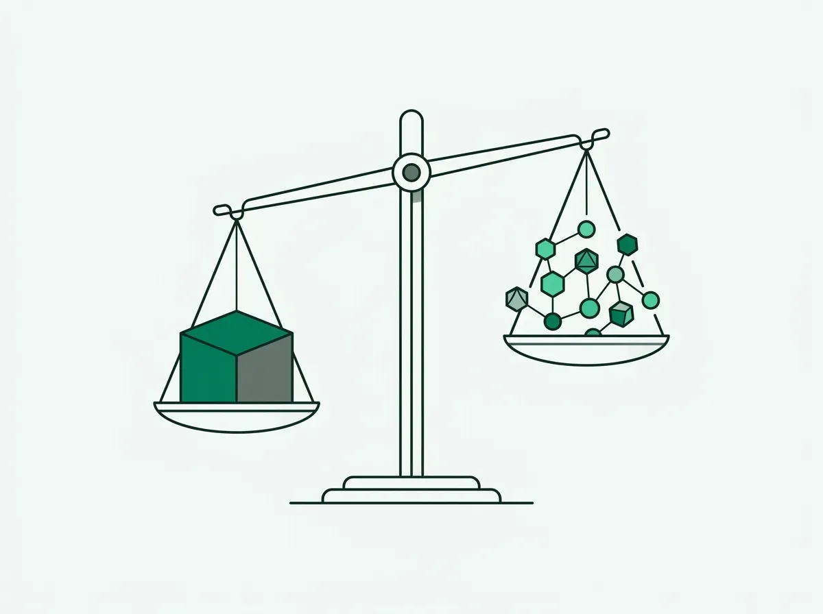 Minimal line drawing of a balance scale weighing a heavy monolith against modular interconnected nodes.