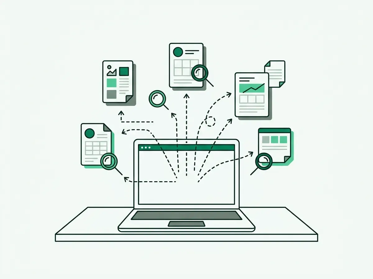 Line art of a laptop projecting verified research nodes and document cards on a clean workspace.