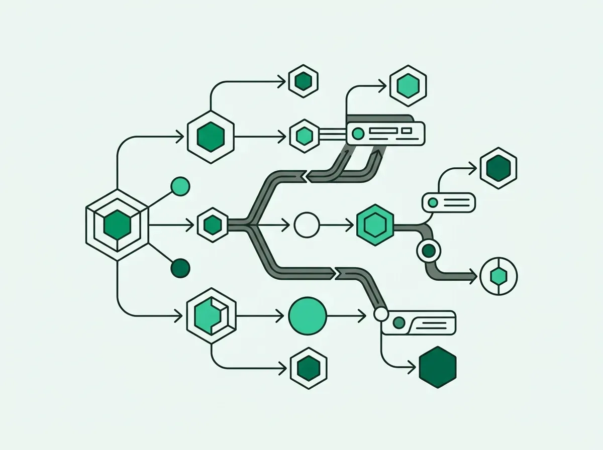 Minimal diagram of interconnected modular agent nodes branching across a workflow canvas.