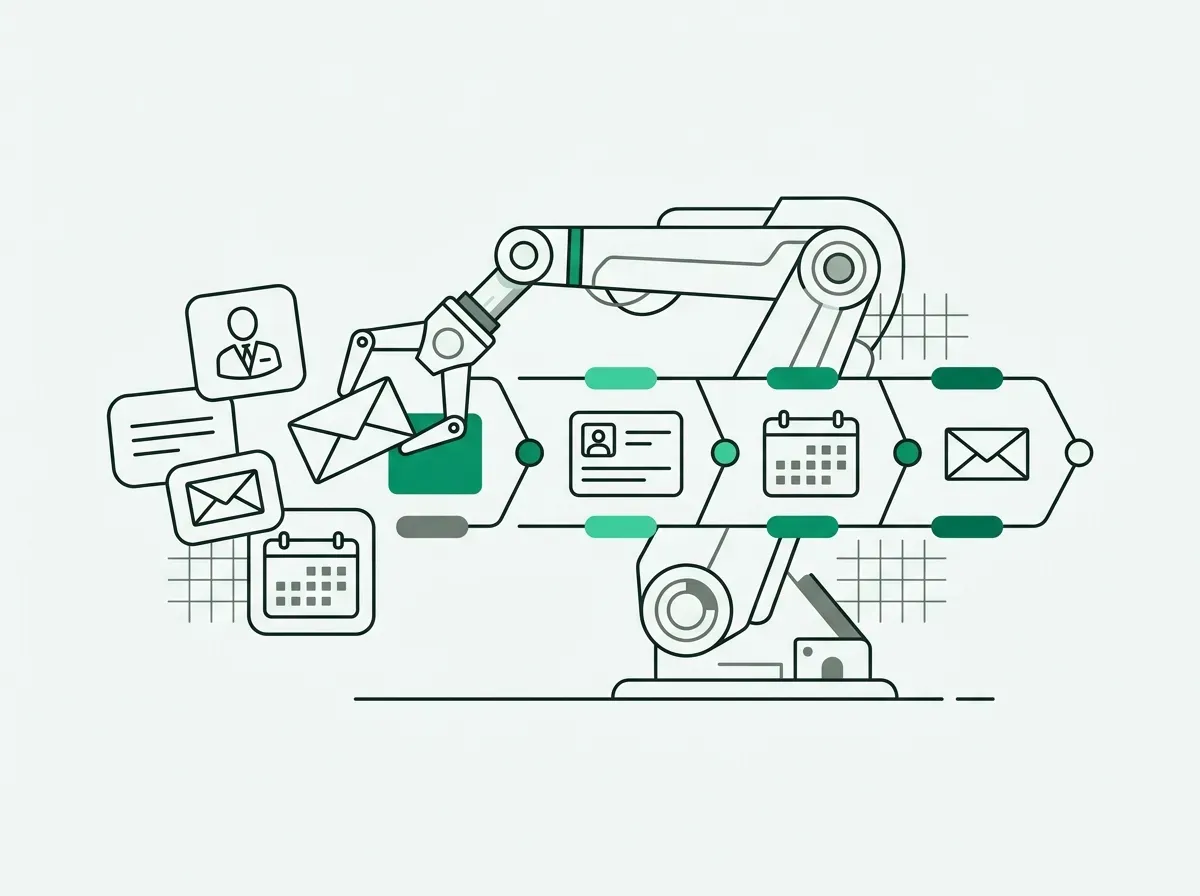 Minimal line art of an autonomous agent organizing schedules, prospect profiles, and message envelopes.