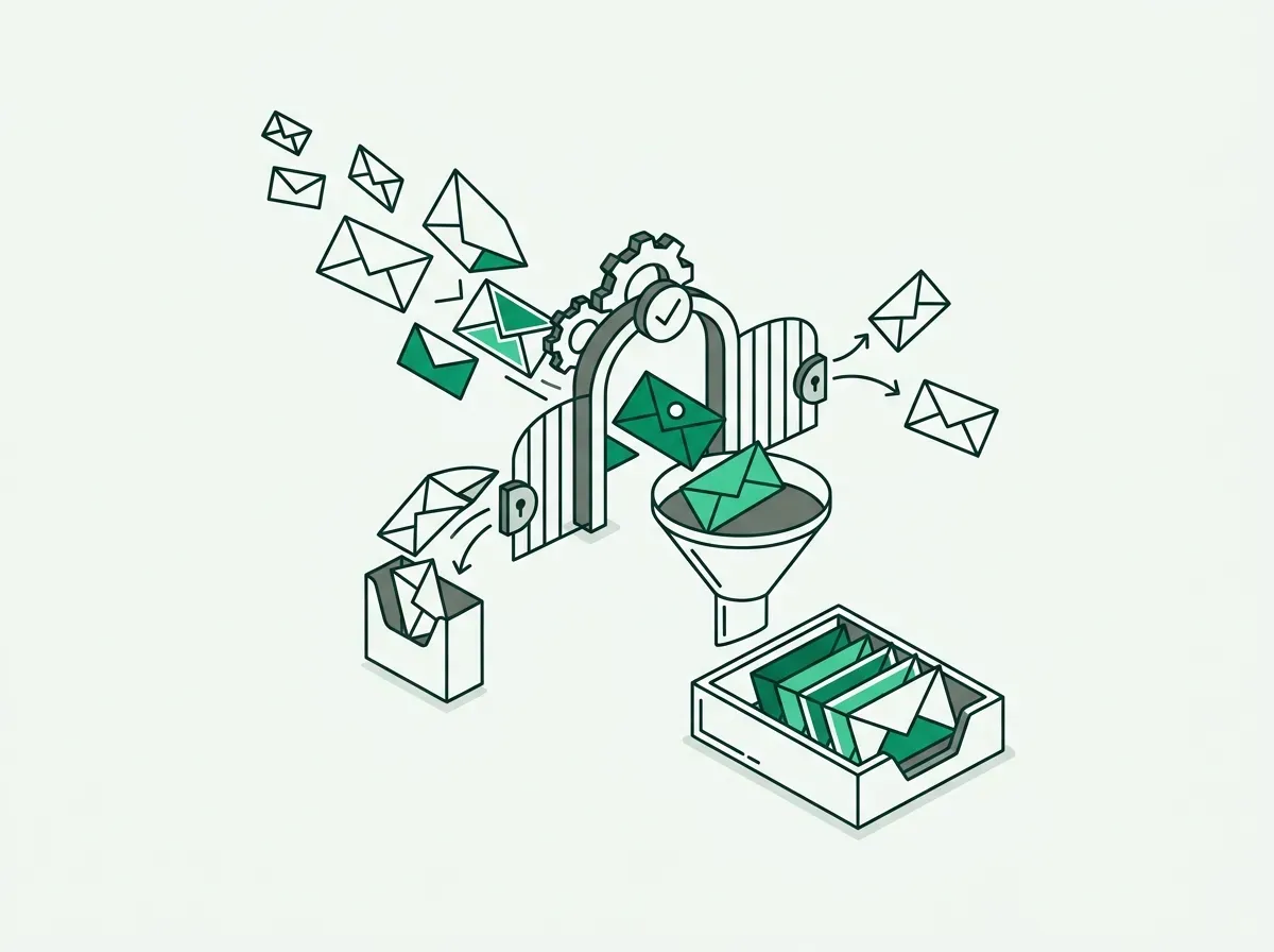 Minimal line art showing message envelopes passing through a verification filter into an inbox.