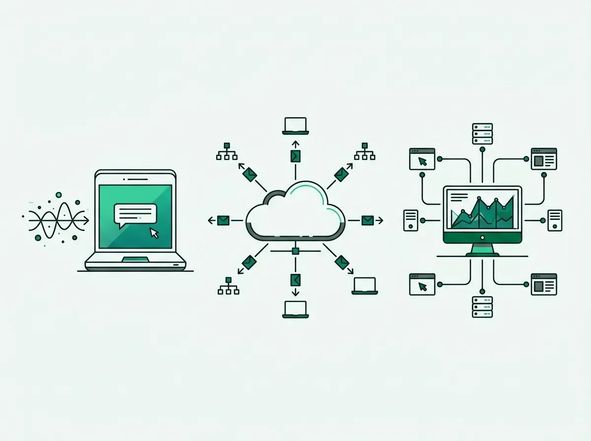 Minimal line art comparing three architectural models: inbound chat, cloud sequencing, and desktop browser research.