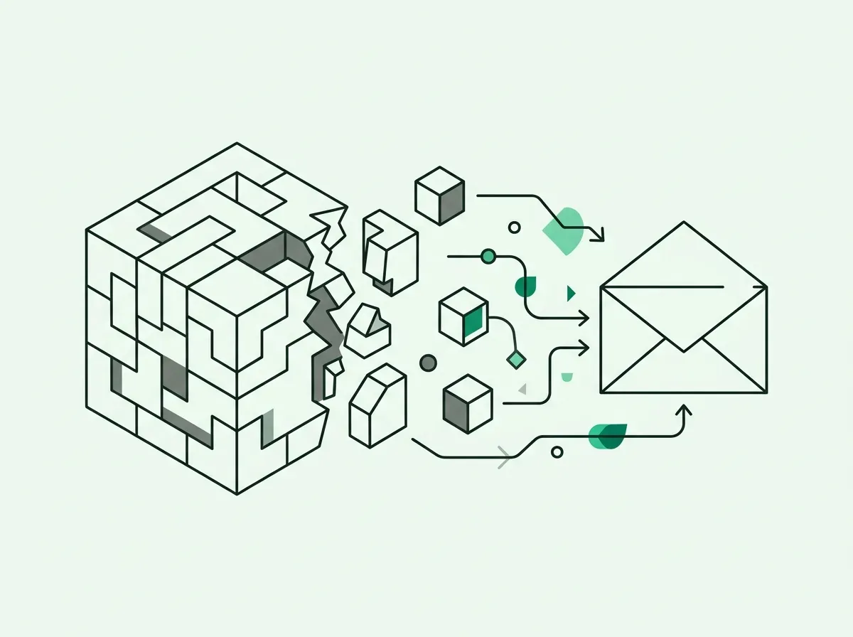 Minimal line art of a monolithic block separating into modular connected shapes.