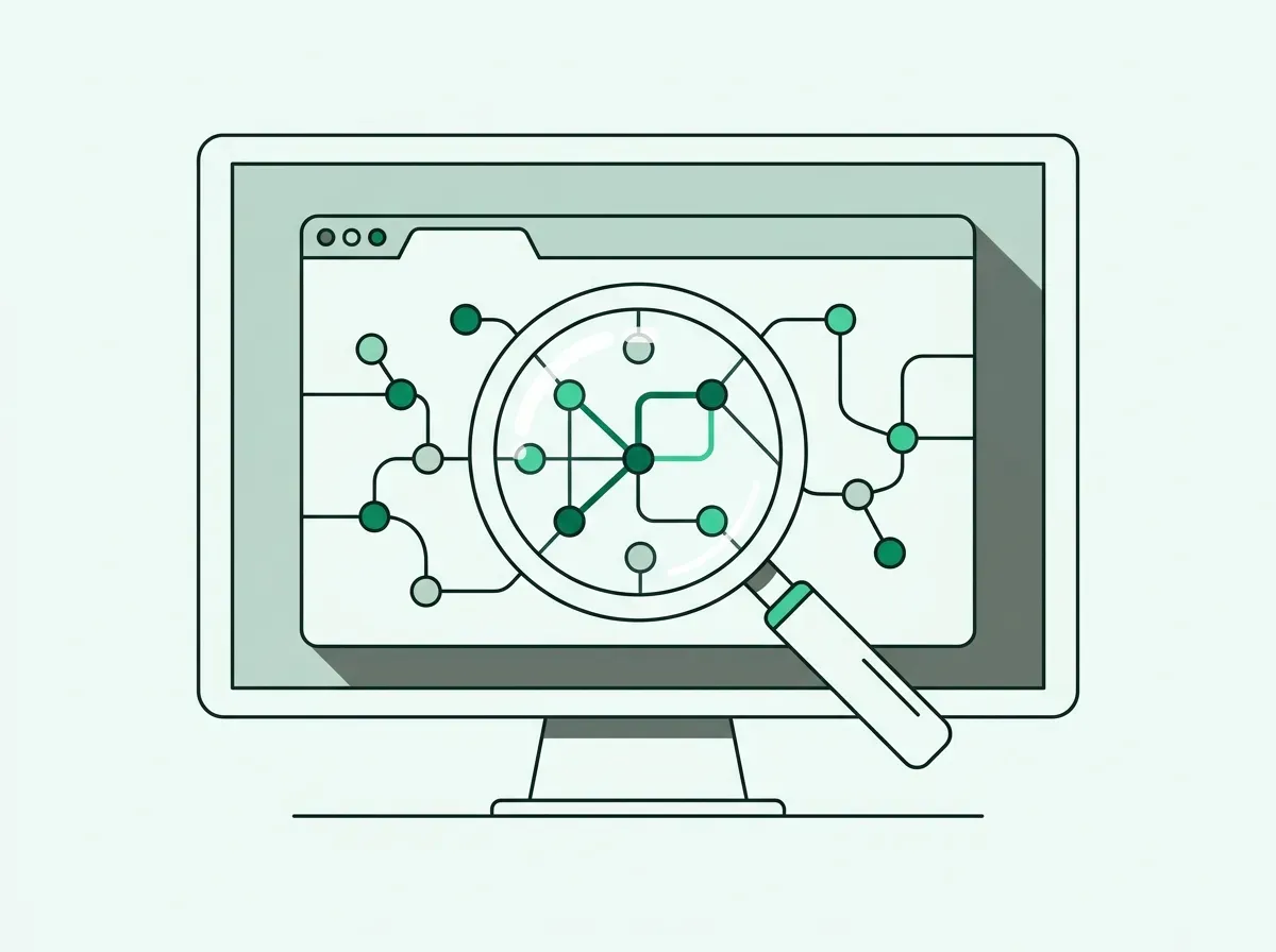 Flat line art of a browser screen with a magnifying lens analyzing interconnected signal nodes.