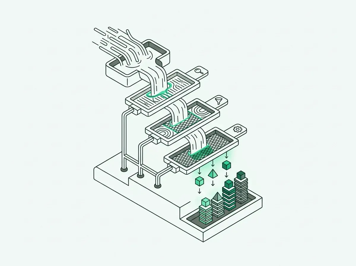 Minimalist line illustration of a multi-tiered waterfall filtering streams into organized stacks.