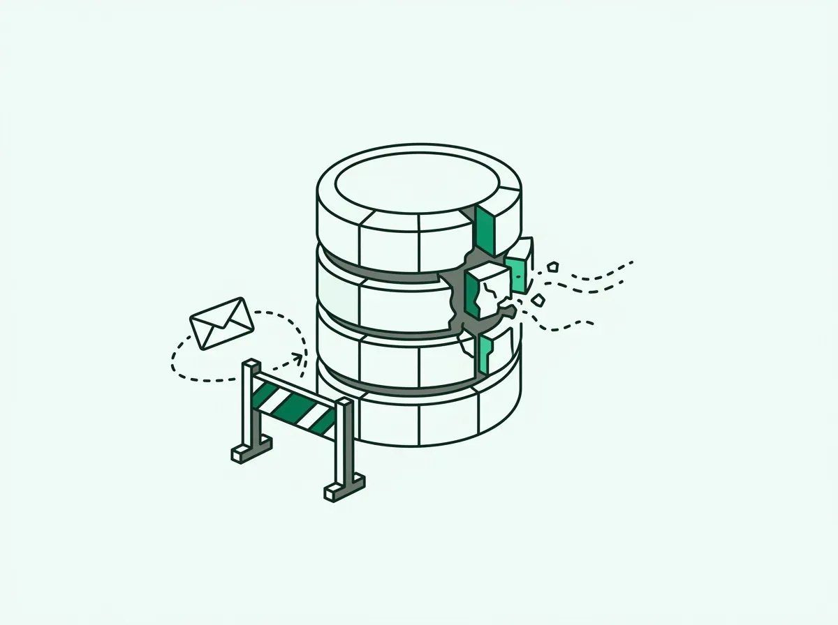 Minimal line art depicting decaying data blocks crumbling under an outbound delivery failure barrier.