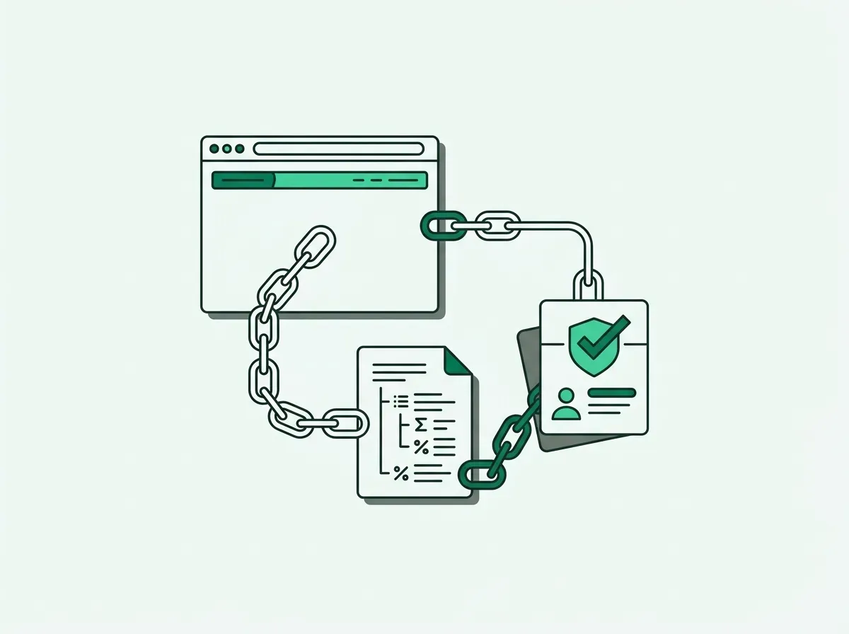 Minimal line art showing browser-native source verification anchored to an evidence-backed prospect profile.