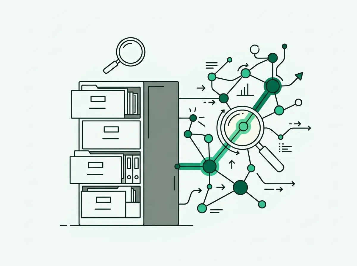 Minimal line art contrasting a static filing cabinet with an active network discovery path.