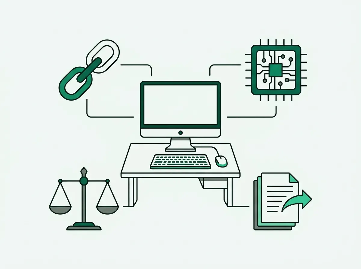 Line illustration representing four technical criteria for evaluating AI research software.