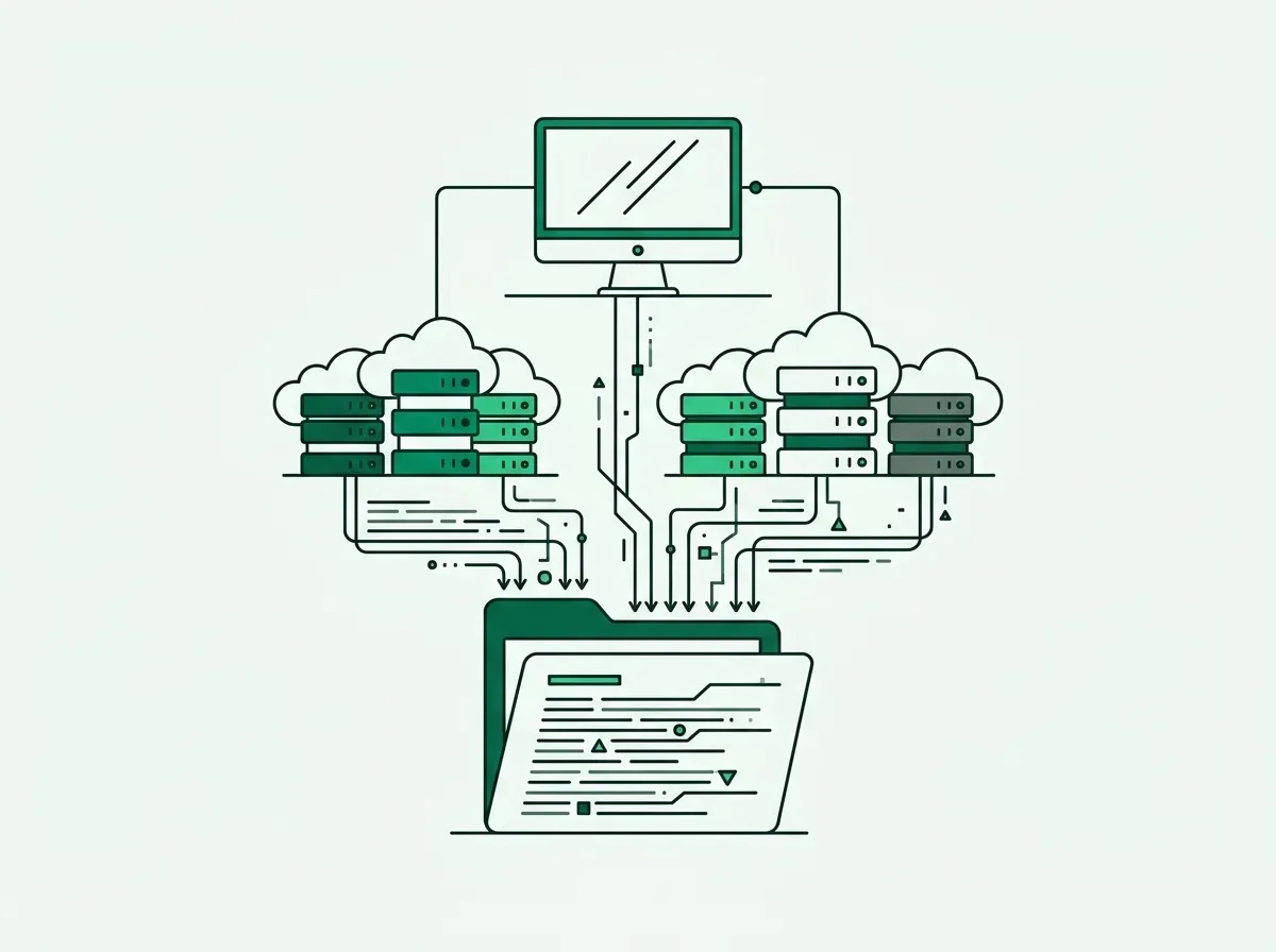 Minimal line drawing depicting cloud and desktop software architectures organizing data streams.