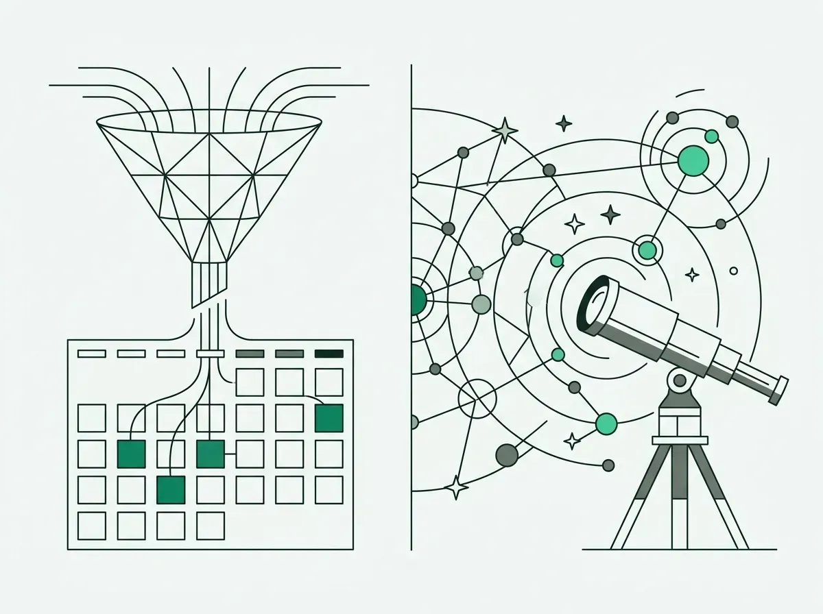 Minimalist split illustration contrasting inbound funnel triage with outbound network discovery.