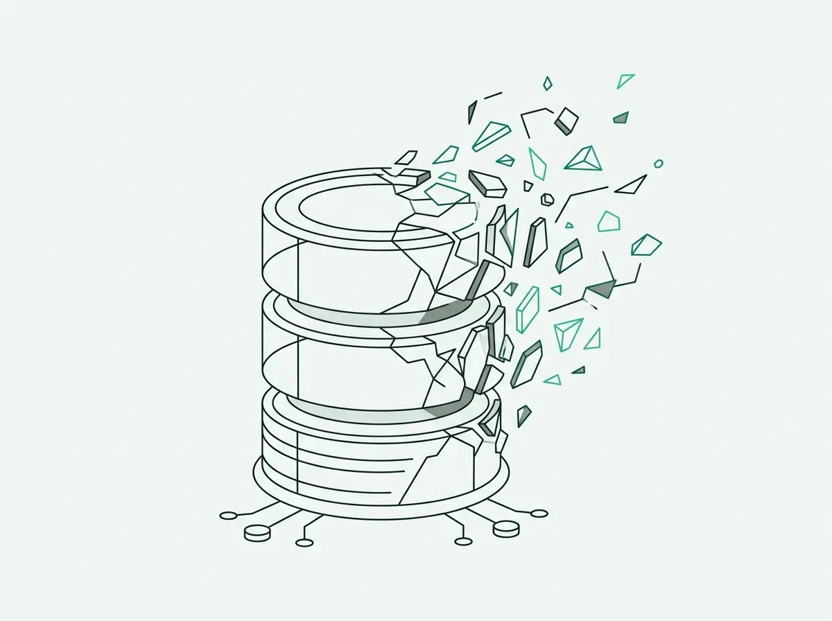 Line art showing a decaying, fragmented database cylinder symbolizing stale contact data.