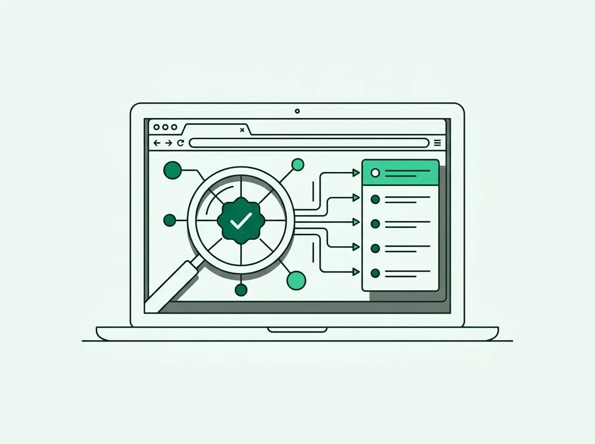 Line illustration of a desktop browser workflow extracting verified data points from the web.