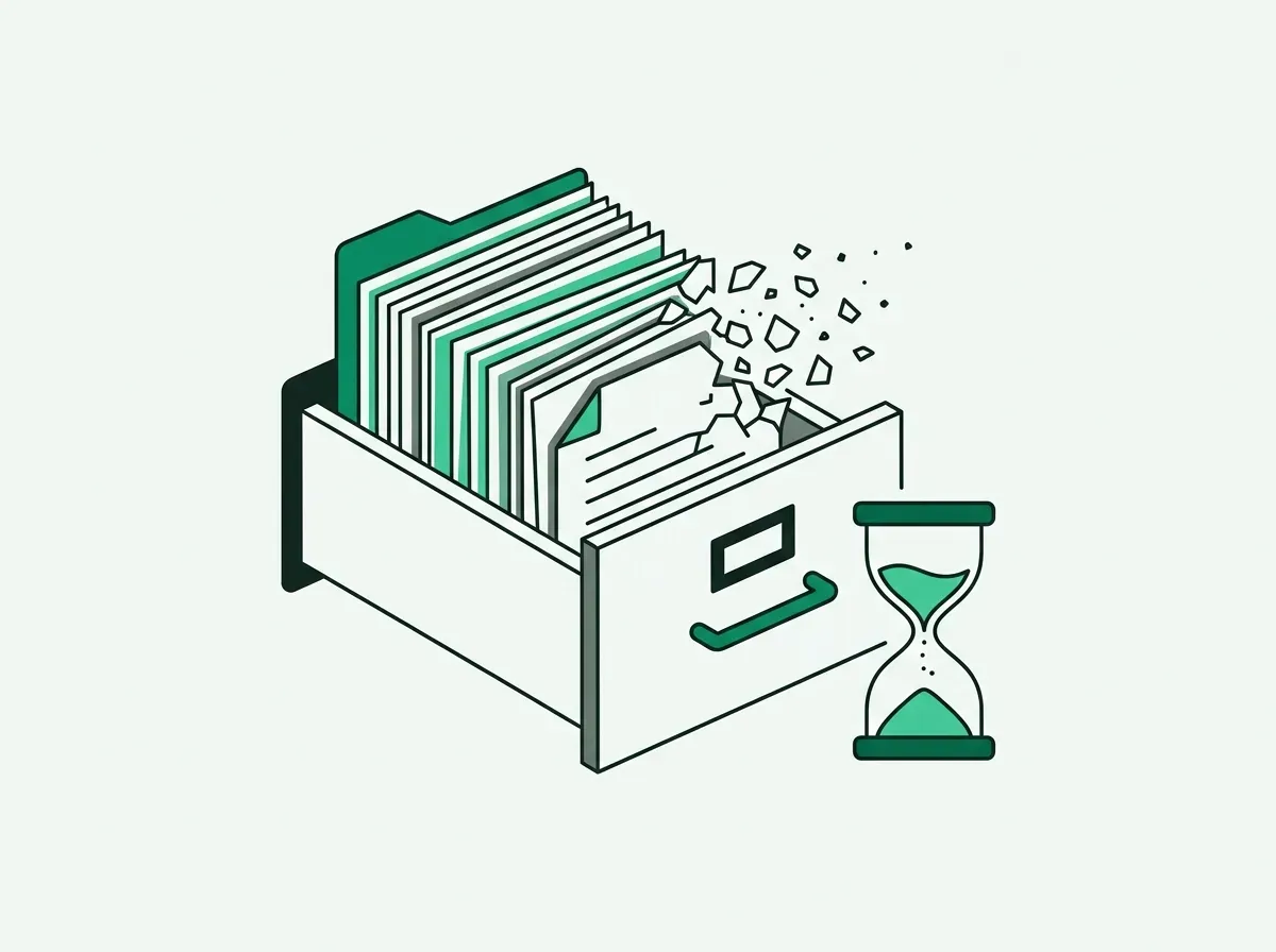 Line art illustration of decaying files in a drawer alongside an hourglass symbolizing data obsolescence.