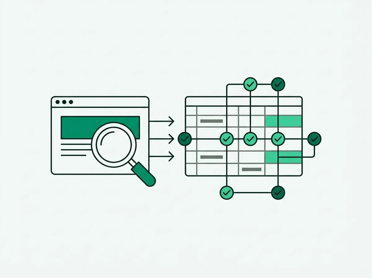 Minimal line art diagram depicting a four-stage research verification pipeline from browser to structured grid.