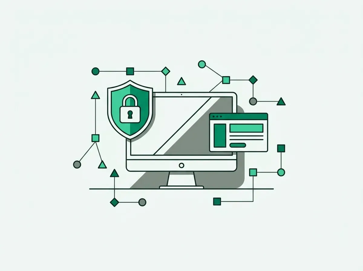 Flat line art illustration of a secure desktop workstation running local browser automation.
