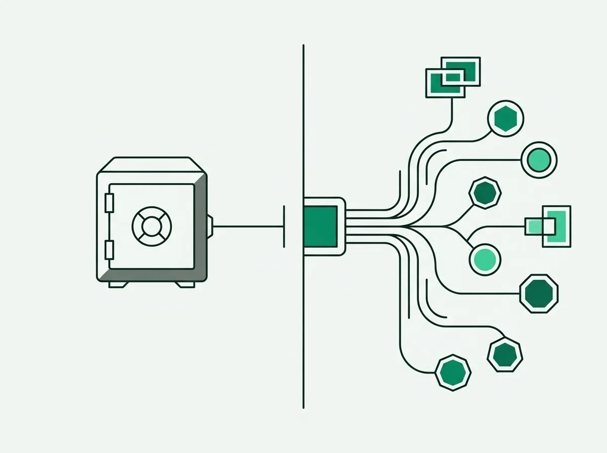 Minimalist line illustration comparing a centralized database system with a multi-branching data workflow.
