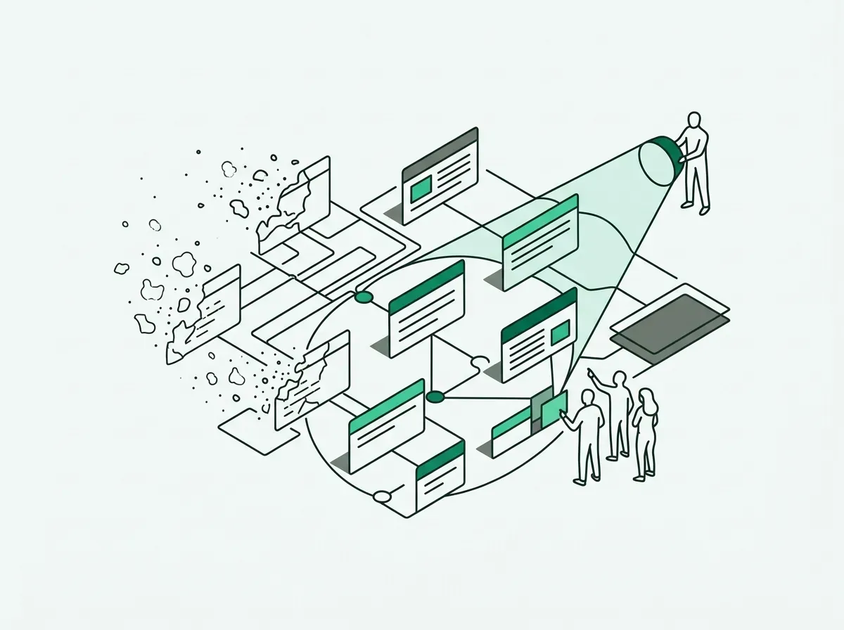 Editorial line drawing showing a network of data cards fading and dissolving alongside a verification beam.