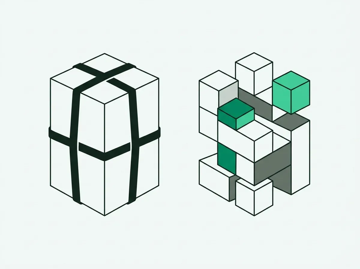 Minimal line art contrasting a rigid monolithic structure with flexible modular blocks.