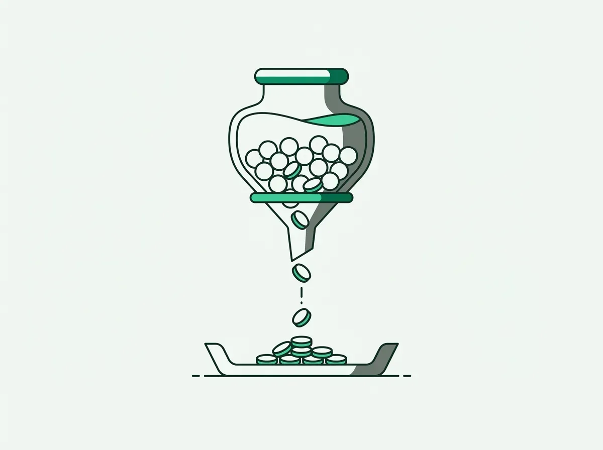 Editorial line art showing geometric tokens draining through a funnel reservoir.