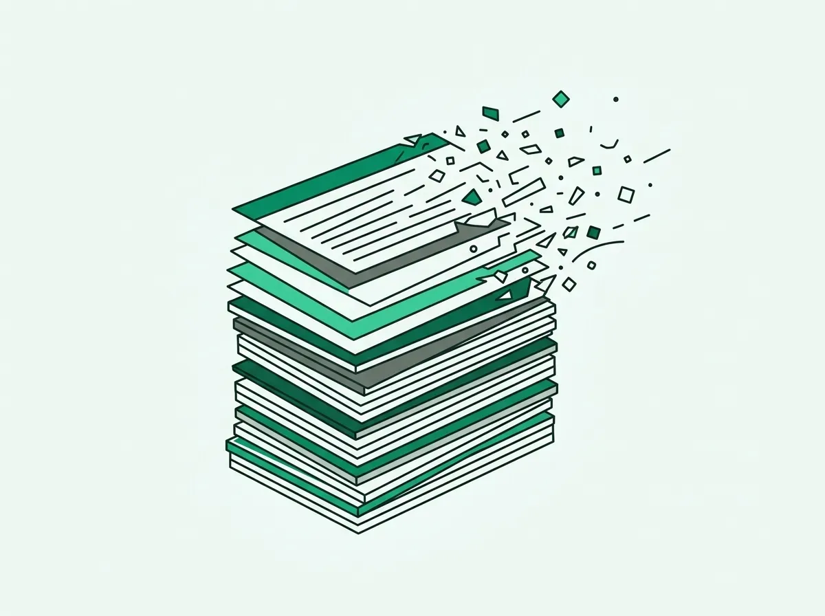 Minimalist vector illustration of profile index cards disintegrating into particles.