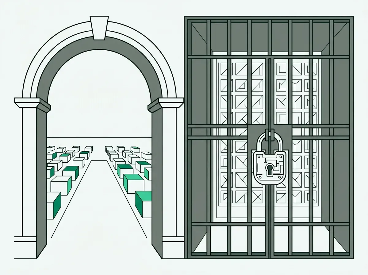 Minimal line art contrasting an open archway with a locked gate to represent public versus authenticated access.