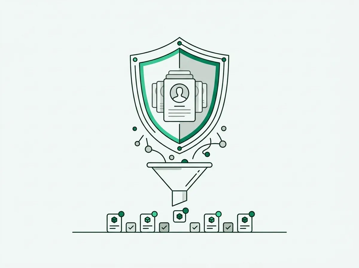 Line art illustration of a protective shield filtering and securing profile data cards.