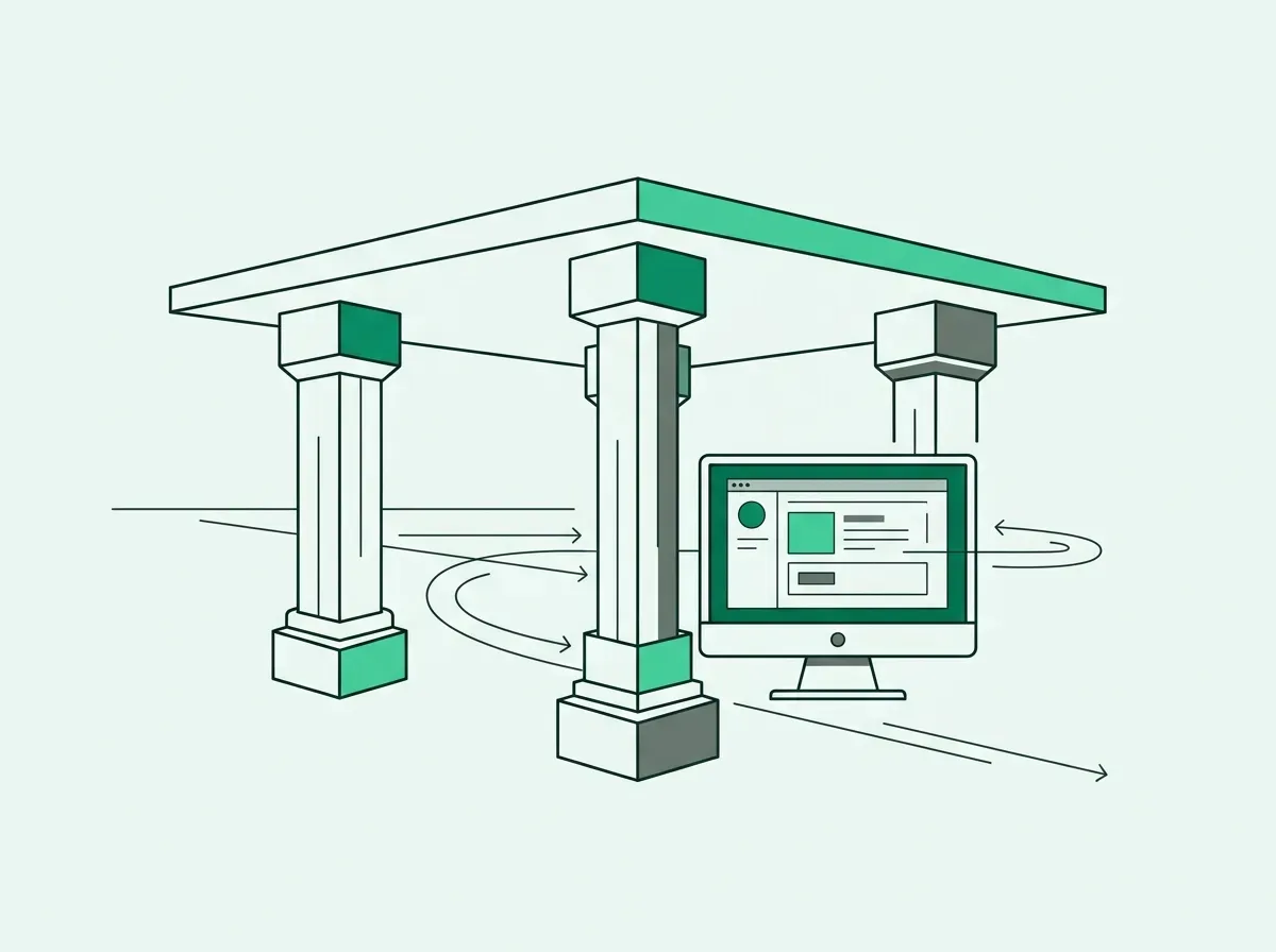 Minimal line art showing three structural pillars sheltering a desktop computer and direct data flow.