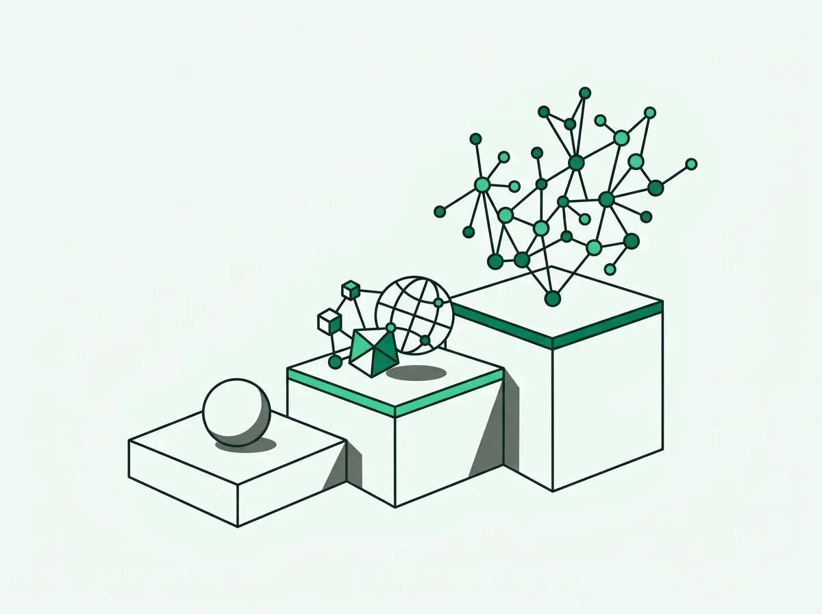 Minimalist line art showing three stepped pedestals representing escalating software platform tiers.