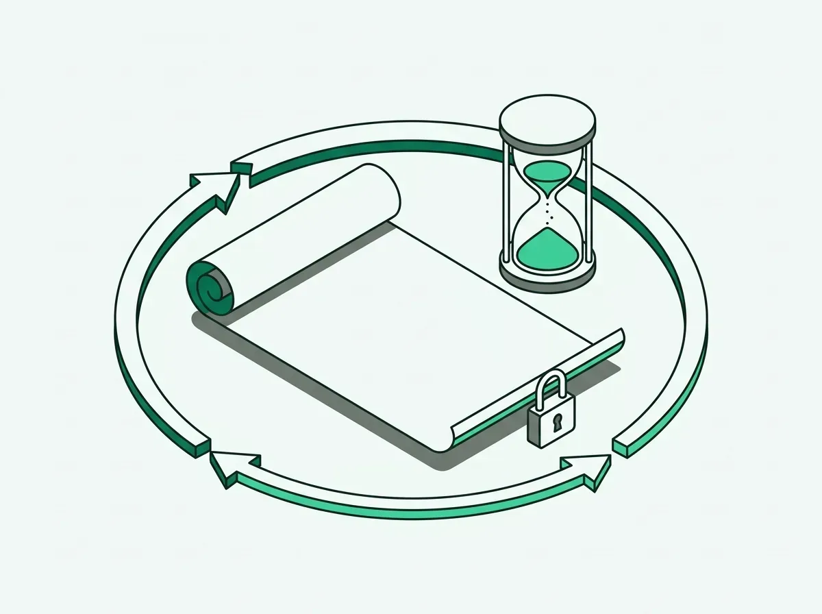 Line art of an unrolled contract surrounded by a looping arrow and hourglass symbolizing renewal terms.
