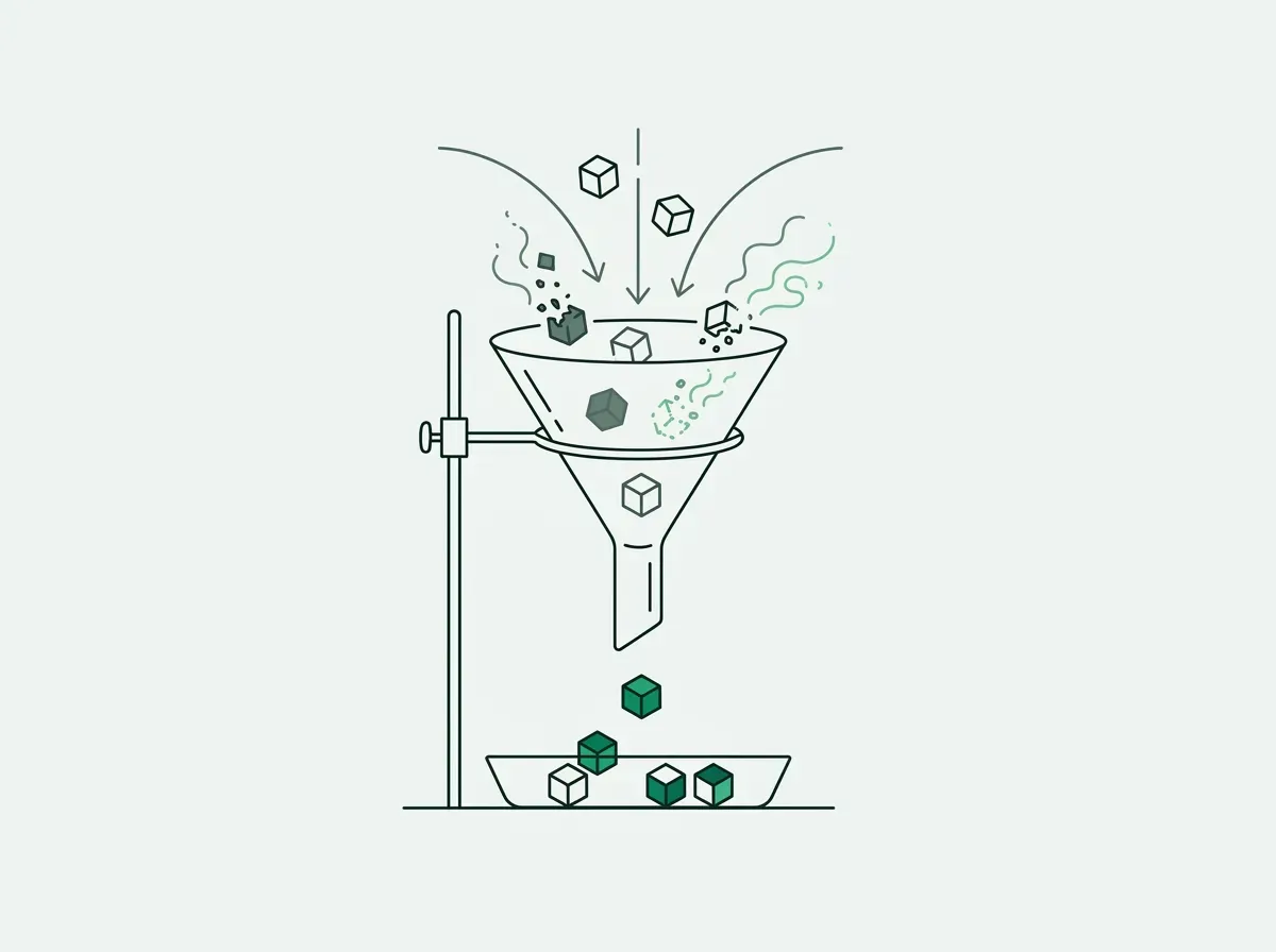 Minimal line art showing data cubes passing through a funnel with several disintegrating into dust.