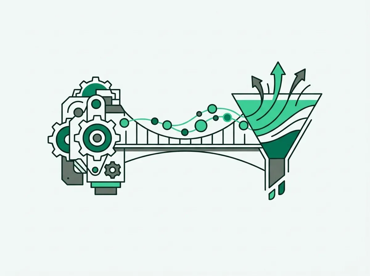 Line art of a geometric bridge connecting technical gears with a commercial funnel.