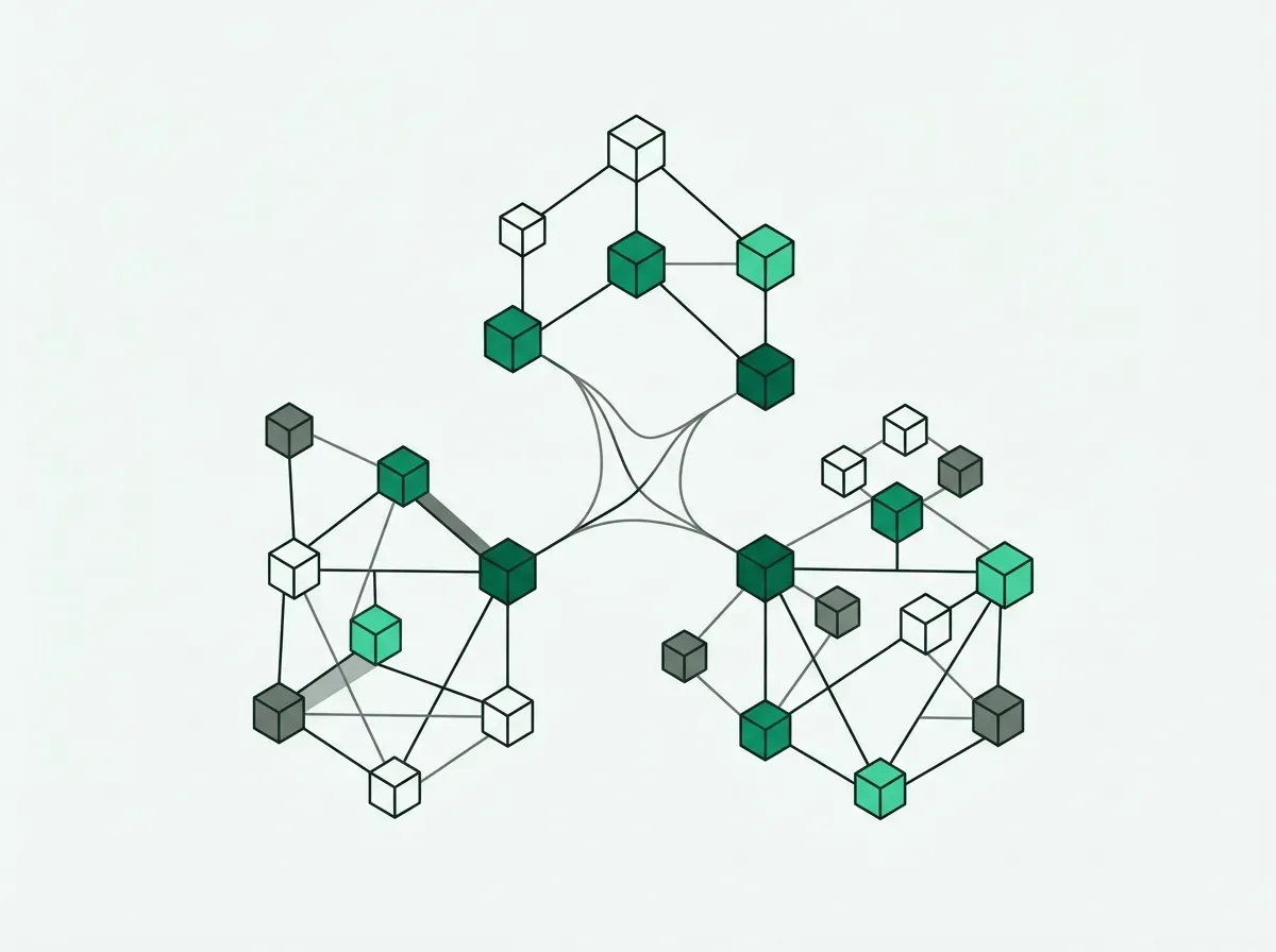 Minimalist organizational network diagram showing interconnected nodes and branching hierarchies.