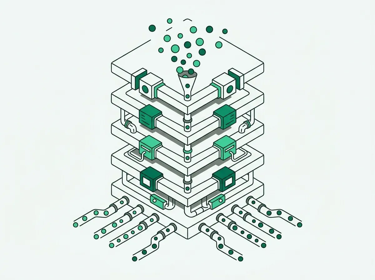 Six-layer vertical data pipeline illustration showing filtered signals flowing into organized outbound streams.