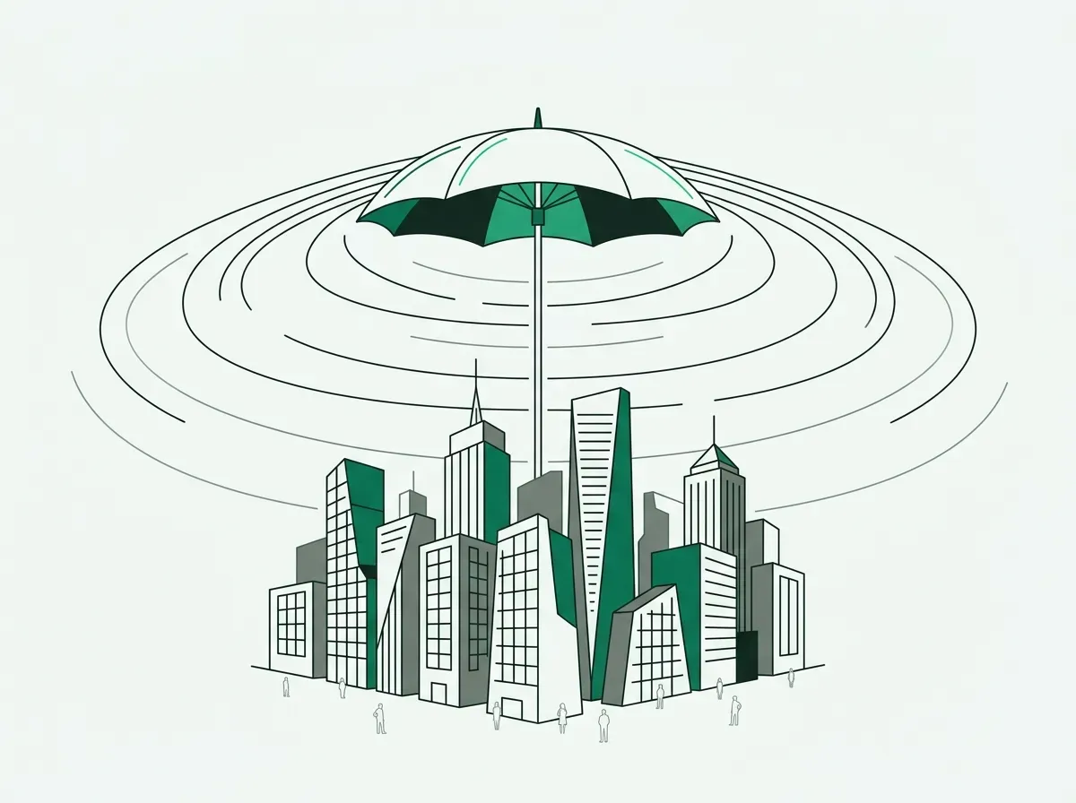 Minimal line illustration of broad broadcast waves sweeping across office towers without detecting individuals.