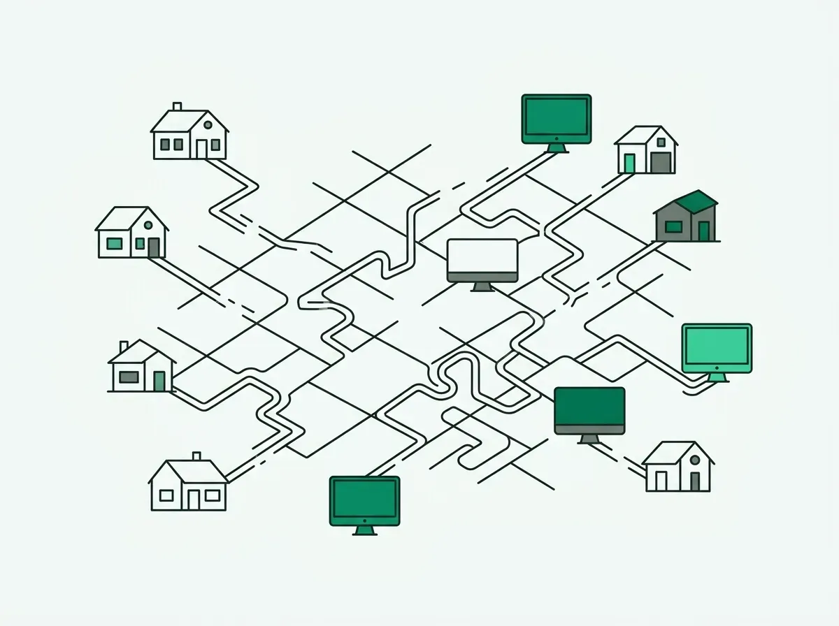 Minimal line art showing disconnected network nodes and broken paths between remote home workspaces.