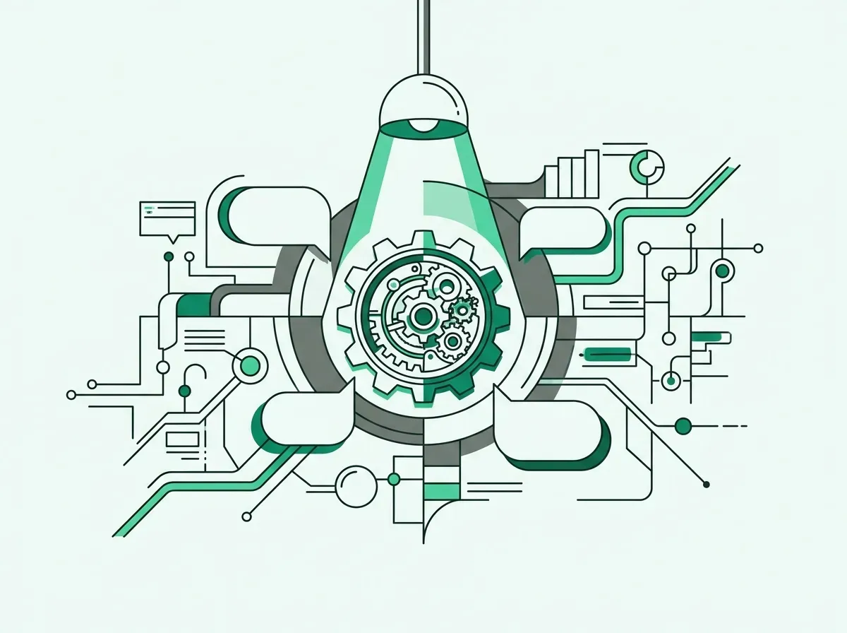 Line illustration of a focused spotlight identifying a precise mechanical node among open network pathways.