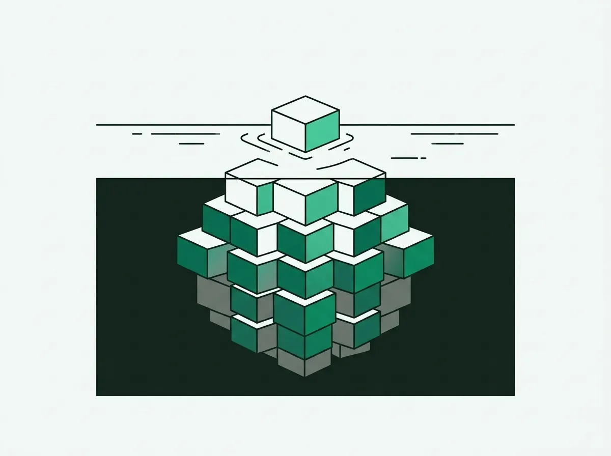 Minimal line art illustration of an iceberg with layered geometric blocks beneath the surface.