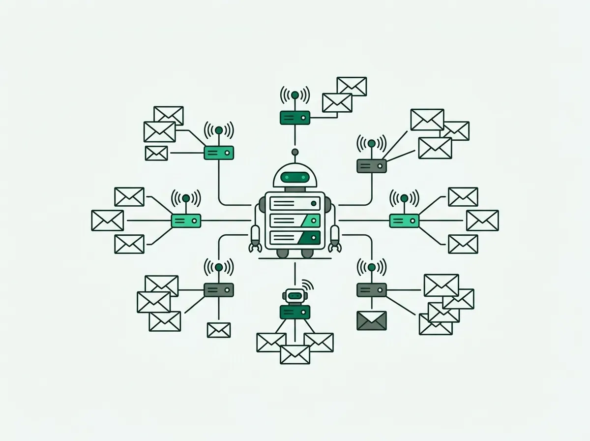 Minimal line art of a central server node branching into a network of auxiliary relays and envelopes.