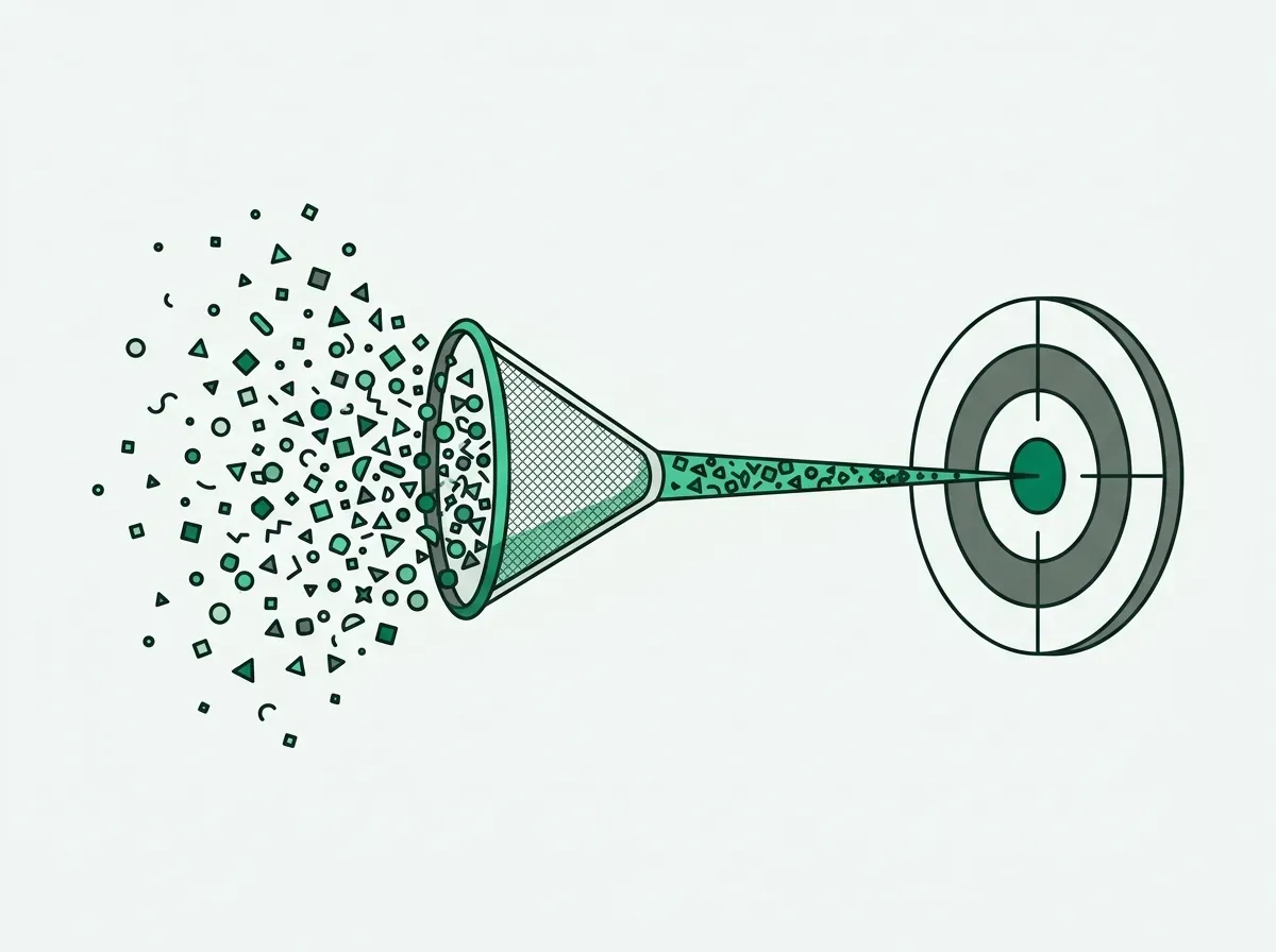 Minimal line art of a filter focusing scattered particles into a single targeted ray.